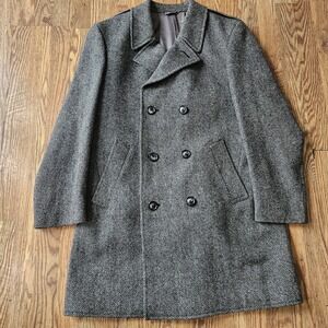 VTG John Christian Dark Gray Overcoat Wool Coat L44  Herringbone Double Breasted